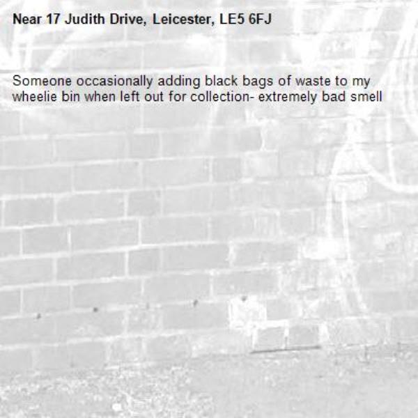 Someone occasionally adding black bags of waste to my wheelie bin when left out for collection- extremely bad smell-17 Judith Drive, Leicester, LE5 6FJ