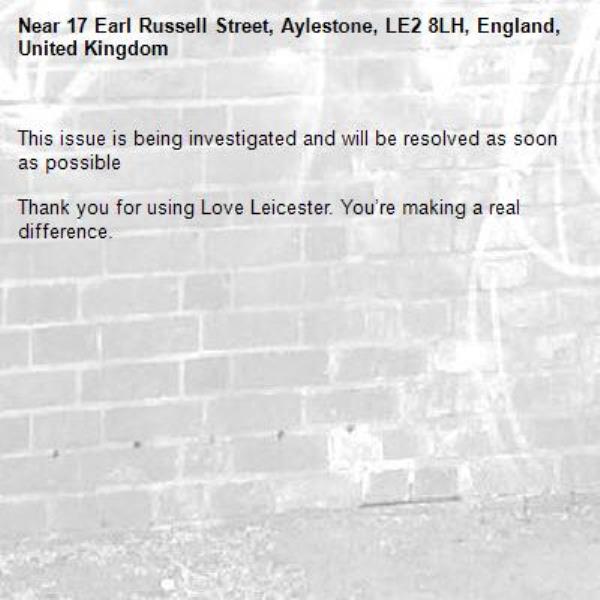 
This issue is being investigated and will be resolved as soon as possible

Thank you for using Love Leicester. You’re making a real difference.

-17 Earl Russell Street, Aylestone, LE2 8LH, England, United Kingdom
