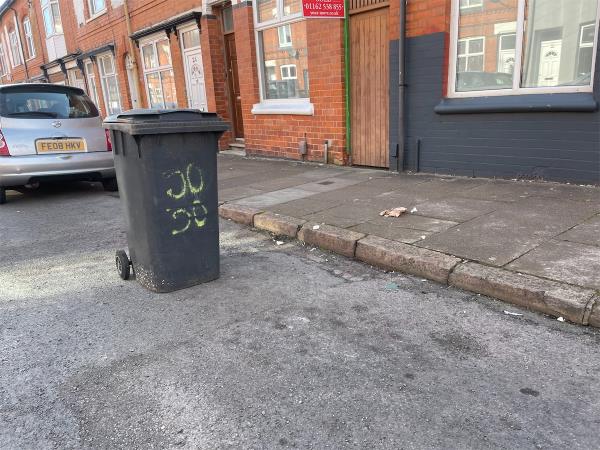 Number 30 leaving bins out of the street to save parking. Hazard on the road! -26 Kingston Road, Leicester, LE2 1QB