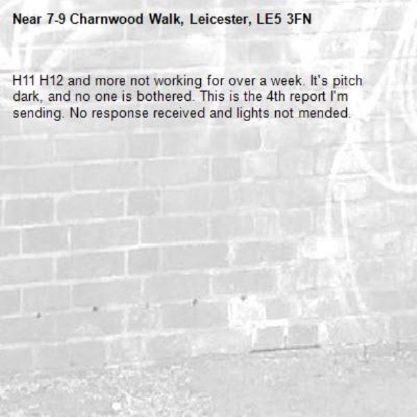 H11 H12 and more not working for over a week. It's pitch dark, and no one is bothered. This is the 4th report I'm sending. No response received and lights not mended.-7-9 Charnwood Walk, Leicester, LE5 3FN