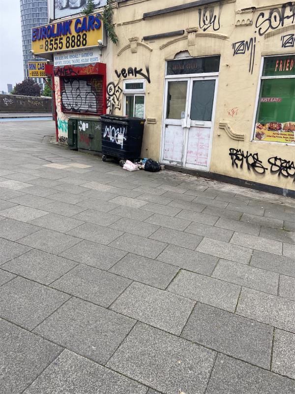 Dumped headboard, pallet and rubbish by bins -Global Banking School, Second To Fourth Floor, 4 Cam Road, Stratford, London, E15 2SN