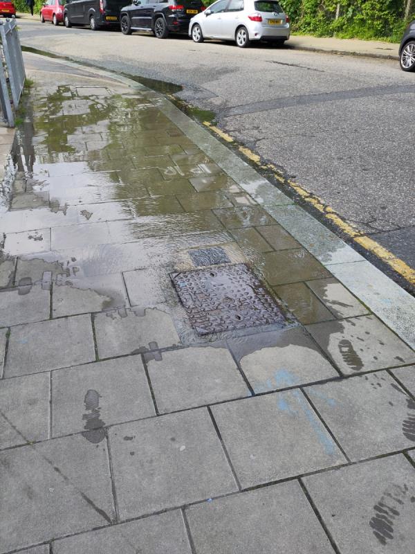 Water leaking from manhole cover in public pavement outside Gunton Mews flats.-Flat 1, Shafe Court, 78-82 Nightingale Grove, Hither Green, London, SE13 6DZ