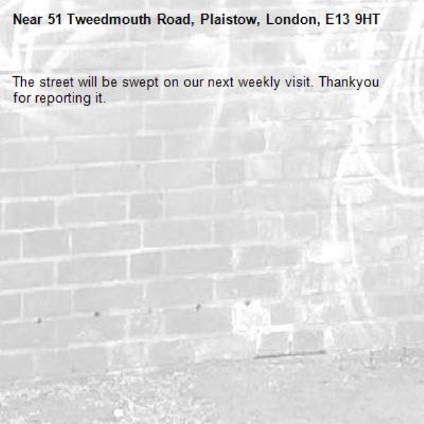 The street will be swept on our next weekly visit. Thankyou for reporting it.-51 Tweedmouth Road, Plaistow, London, E13 9HT