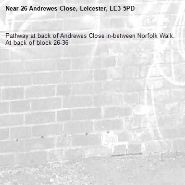Pathway at back of Andrewes Close in-between Norfolk Walk. At back of block 26-36-26 Andrewes Close, Leicester, LE3 5PD