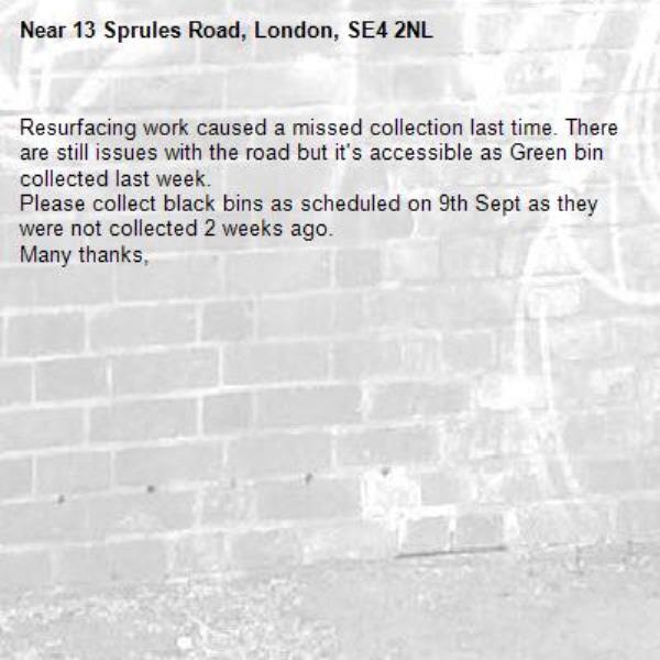 Resurfacing work caused a missed collection last time. There are still issues with the road but it's accessible as Green bin collected last week. 
Please collect black bins as scheduled on 9th Sept as they were not collected 2 weeks ago. 
Many thanks,-13 Sprules Road, London, SE4 2NL