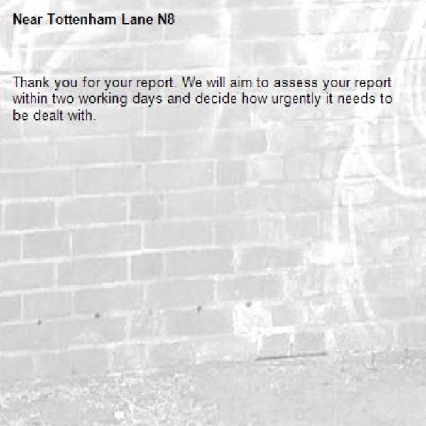 Thank you for your report. We will aim to assess your report within two working days and decide how urgently it needs to be dealt with.-Tottenham Lane N8