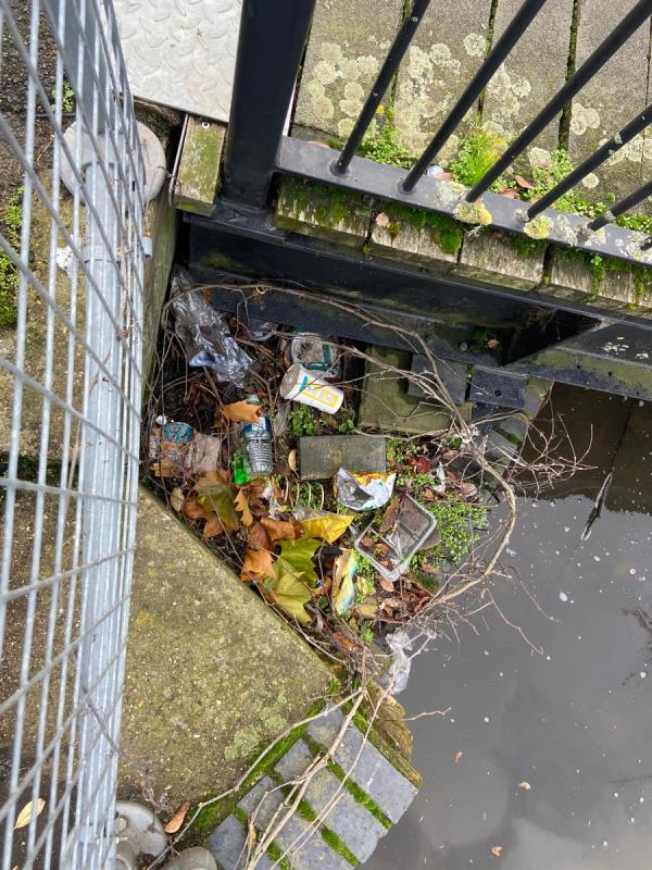 Lots of accumulated litter lodged either side of the footbridge near the Queen's Road car park-13 Queen's Cottages, RG1 4BE, England, United Kingdom