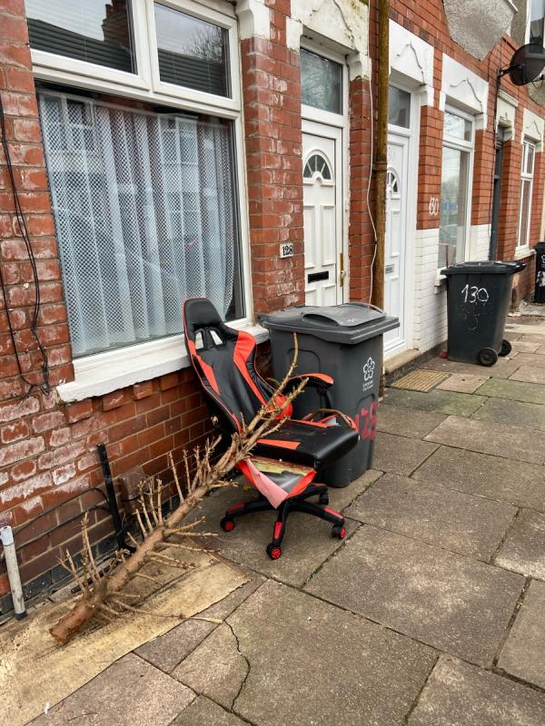 Chair and general rubbish been there for several weeks -128 Wolverton Rd, Leicester LE3 2AL, UK