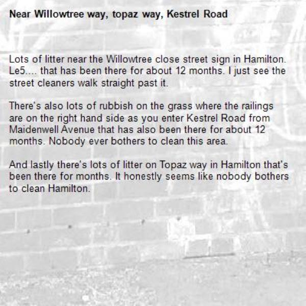 Lots of litter near the Willowtree close street sign in Hamilton. Le5.... that has been there for about 12 months. I just see the street cleaners walk straight past it.

There's also lots of rubbish on the grass where the railings are on the right hand side as you enter Kestrel Road from Maidenwell Avenue that has also been there for about 12 months. Nobody ever bothers to clean this area.

And lastly there's lots of litter on Topaz way in Hamilton that's been there for months. It honestly seems like nobody bothers to clean Hamilton. -Willowtree way, topaz way, Kestrel Road