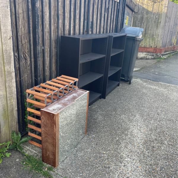 Flytipped rubbish shelves and cabinets in -Glenwood Gates, Glenwood Road, London, SE6 4NF