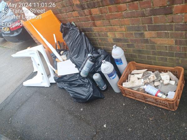 BUILDERS IN FRANCIS STREET DUMPING THEIR WASTE ON THE PAVEMENT NEXT TO THE BINS...PLEASE INVESTIGATE. -14 Francis Street, Stratford, London, E15 1JG