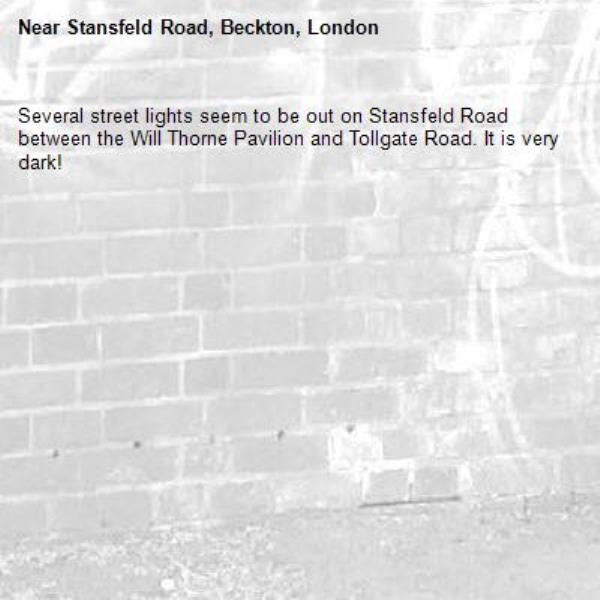 Several street lights seem to be out on Stansfeld Road between the Will Thorne Pavilion and Tollgate Road. It is very dark!-Stansfeld Road, Beckton, London