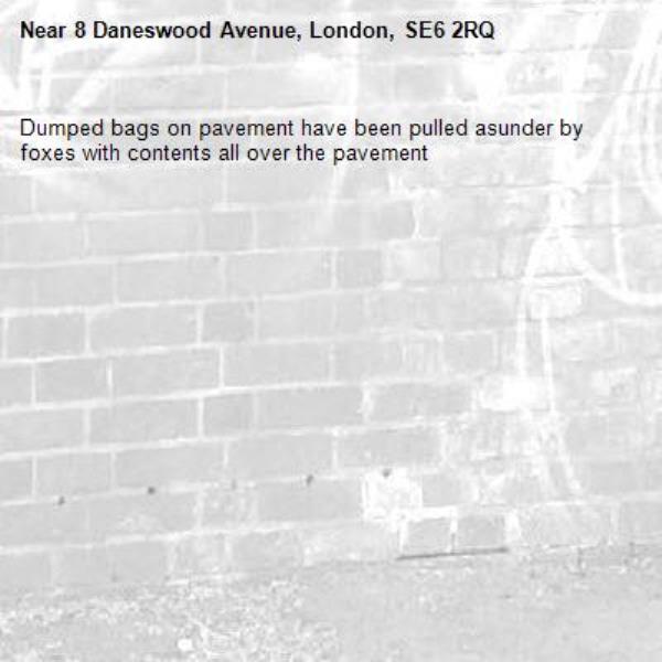 Dumped bags on pavement have been pulled asunder by foxes with contents all over the pavement -8 Daneswood Avenue, London, SE6 2RQ