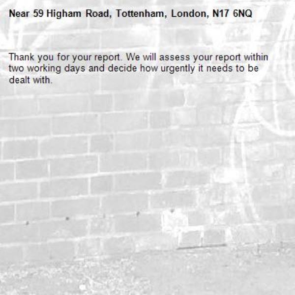 Thank you for your report. We will assess your report within two working days and decide how urgently it needs to be dealt with.-59 Higham Road, Tottenham, London, N17 6NQ