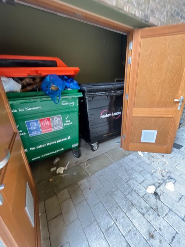Over filled bin and rubbish all over -Walter Hancock Court, 1 McGrath Road, London, E15 4FA