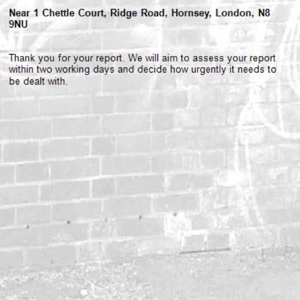 Thank you for your report. We will aim to assess your report within two working days and decide how urgently it needs to be dealt with.-1 Chettle Court, Ridge Road, Hornsey, London, N8 9NU
