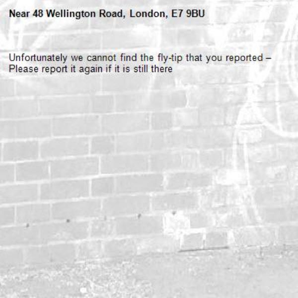 Unfortunately we cannot find the fly-tip that you reported – Please report it again if it is still there-48 Wellington Road, London, E7 9BU