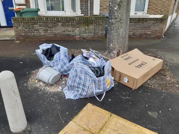 Bags of wastes, a cardboard box and household wastes dumped near the tree outside 4 Tinto Road E16 -4 Tinto Road, Canning Town, London, E16 4BB