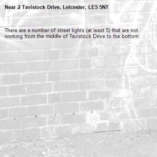 There are a number of street lights (at least 5) that are not working from the middle of Tavistock Drive to the bottom.-2 Tavistock Drive, Leicester, LE5 5NT