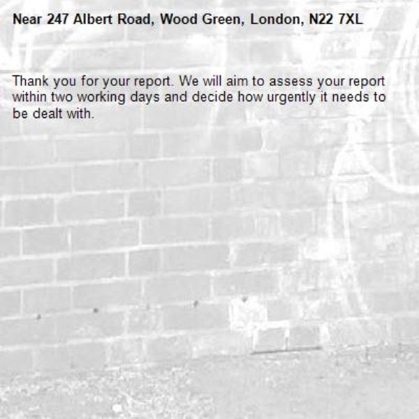 Thank you for your report. We will aim to assess your report within two working days and decide how urgently it needs to be dealt with.-247 Albert Road, Wood Green, London, N22 7XL