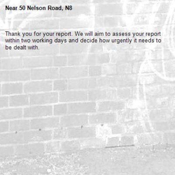 Thank you for your report. We will aim to assess your report within two working days and decide how urgently it needs to be dealt with.-50 Nelson Road, N8