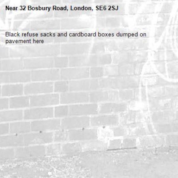 Black refuse sacks and cardboard boxes dumped on pavement here -32 Bosbury Road, London, SE6 2SJ