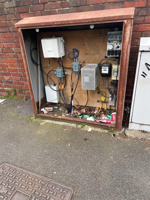 Electrical Supply cabinet for fibre optic connection has no door (completely open). 
Possible risk electrical shock to children and others. -79 Haig Road West, Plaistow, London, E13 9LJ