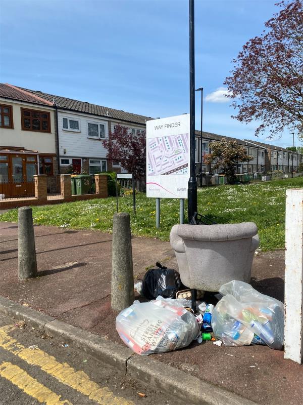 Newham street cleaning bags and chair left on the street for over 1 week -72 Chatsworth Road, Stratford, London, E15 1QZ
