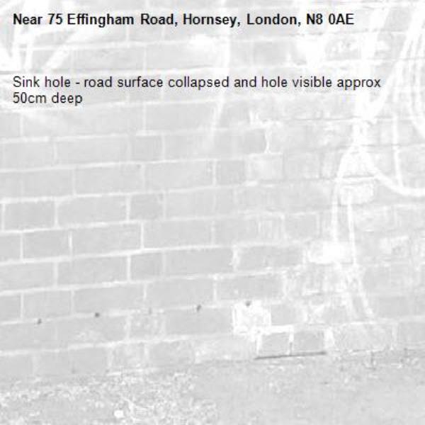 Sink hole - road surface collapsed and hole visible approx 50cm deep-75 Effingham Road, Hornsey, London, N8 0AE