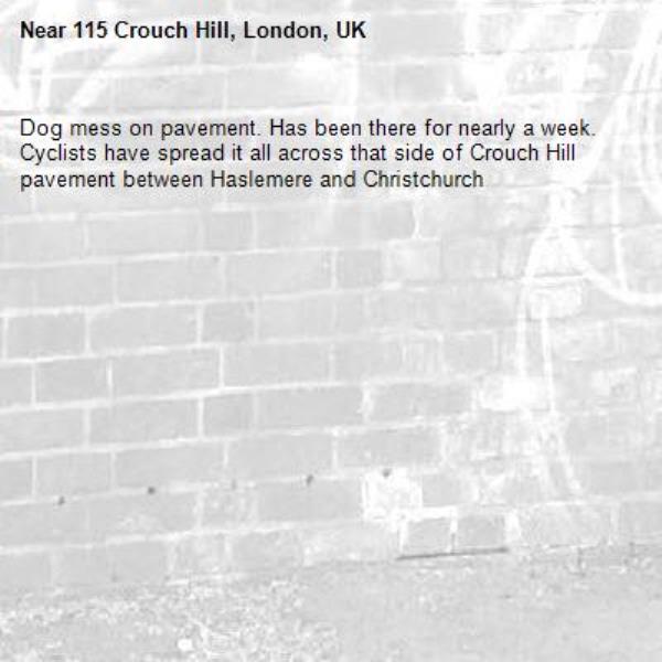 Dog mess on pavement. Has been there for nearly a week. Cyclists have spread it all across that side of Crouch Hill pavement between Haslemere and Christchurch-115 Crouch Hill, London, UK