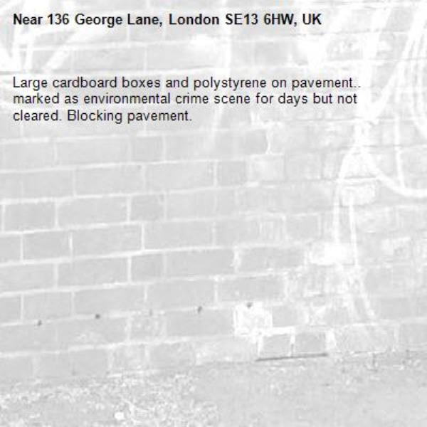 Large cardboard boxes and polystyrene on pavement.. marked as environmental crime scene for days but not cleared. Blocking pavement. -136 George Lane, London SE13 6HW, UK