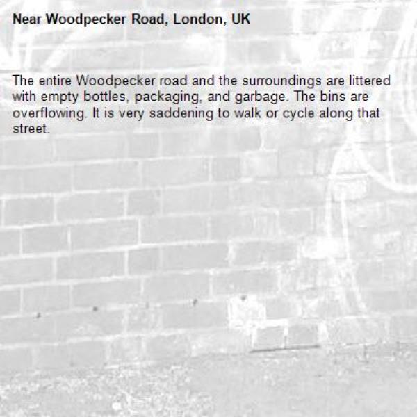 The entire Woodpecker road and the surroundings are littered with empty bottles, packaging, and garbage. The bins are overflowing. It is very saddening to walk or cycle along that street.-Woodpecker Road, London, UK