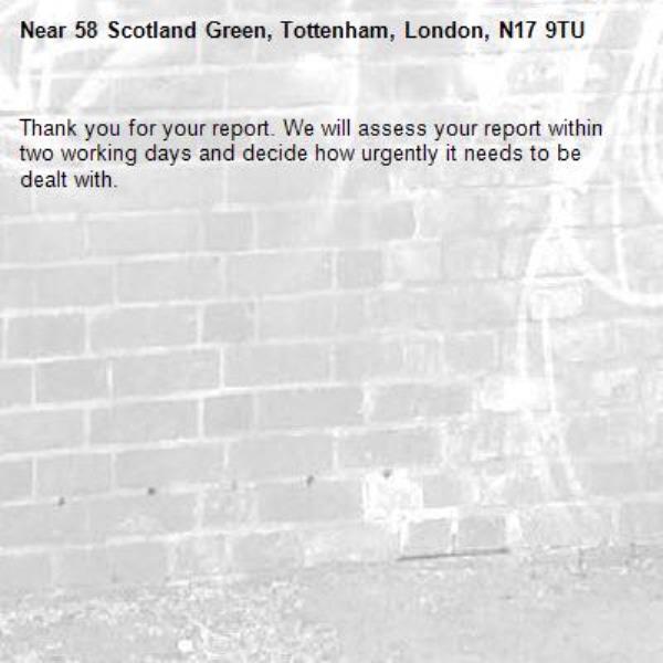 Thank you for your report. We will assess your report within two working days and decide how urgently it needs to be dealt with.-58 Scotland Green, Tottenham, London, N17 9TU