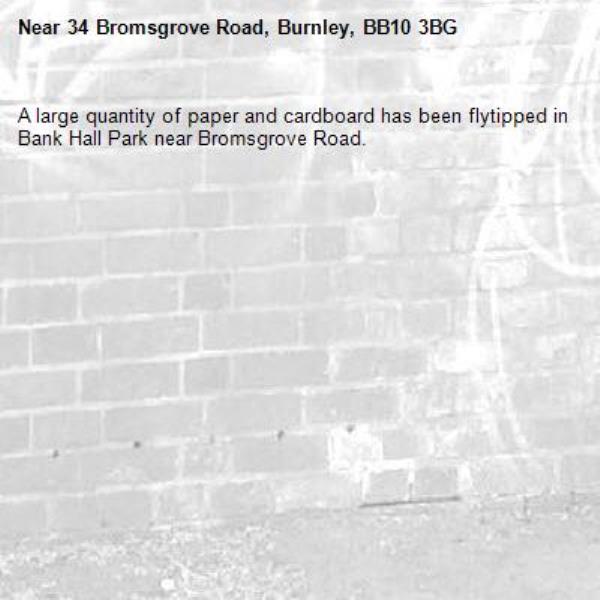 A large quantity of paper and cardboard has been flytipped in Bank Hall Park near Bromsgrove Road.-34 Bromsgrove Road, Burnley, BB10 3BG