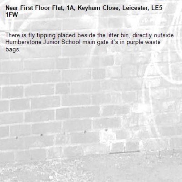 There is fly tipping placed beside the litter bin, directly outside Humberstone Junior School main gate it&#39;s in purple waste bags.-First Floor Flat, 1A, Keyham Close, Leicester, LE5 1FW