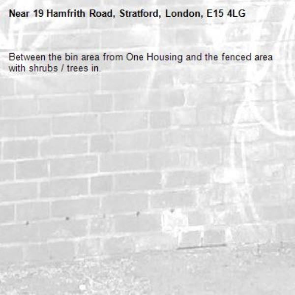 Between the bin area from One Housing and the fenced area with shrubs / trees in. -19 Hamfrith Road, Stratford, London, E15 4LG