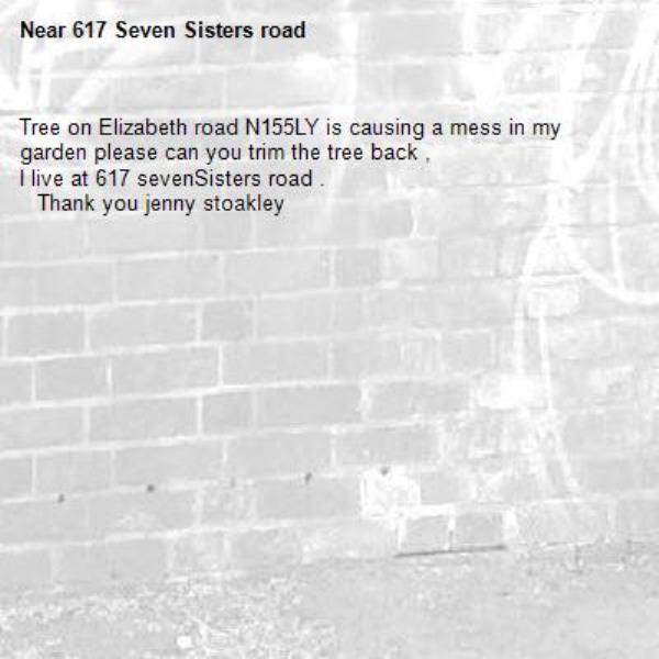 Tree on Elizabeth road N155LY is causing a mess in my garden please can you trim the tree back ,
I live at 617 sevenSisters road .
   Thank you jenny stoakley-617 Seven Sisters road
