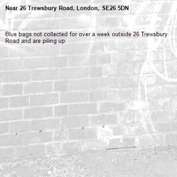 Blue bags not collected for over a week outside 26 Trewsbury Road and are piling up.-26 Trewsbury Road, London, SE26 5DN