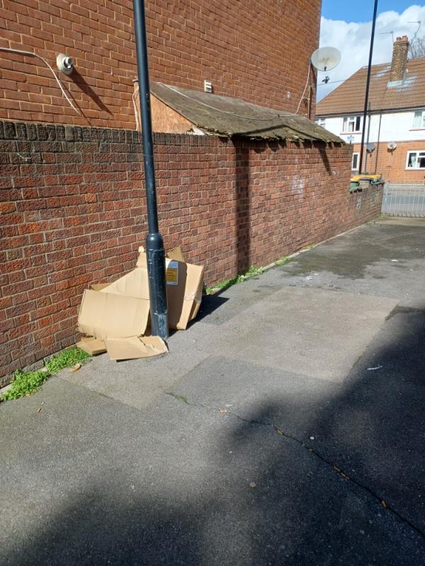 Cardboard boxes fly tipped at alleyway opposite 100 Colman Road, E16. -100 Colman Road, West Beckton, London, E16 3LY