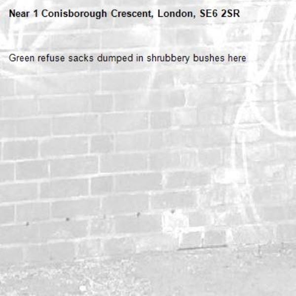 Green refuse sacks dumped in shrubbery bushes here-1 Conisborough Crescent, London, SE6 2SR