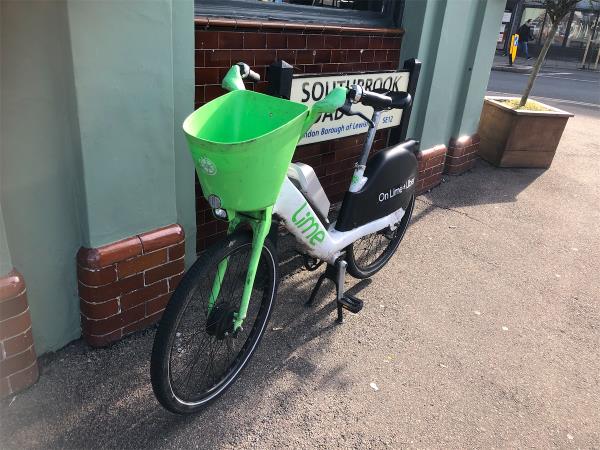 Outside The Lord Northbrook Pub. Please clear an abandoned Lime bike-1A, Southbrook Road, London, SE12 8LH