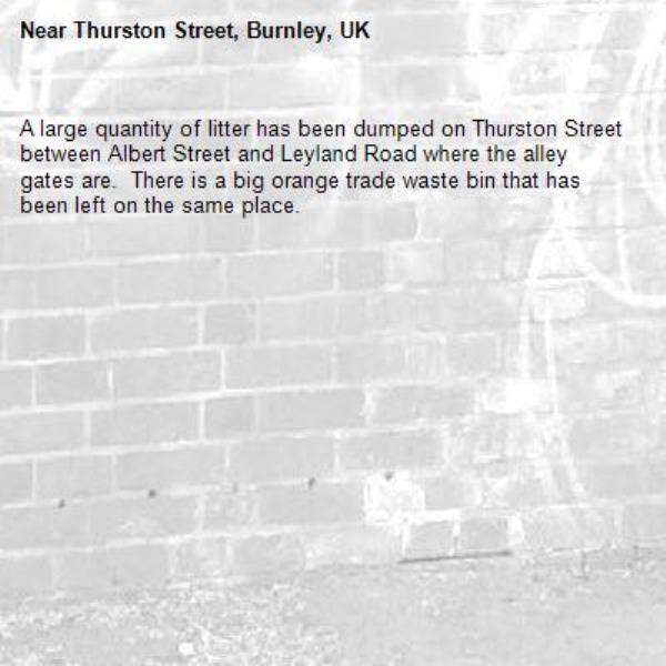 A large quantity of litter has been dumped on Thurston Street between Albert Street and Leyland Road where the alley gates are.  There is a big orange trade waste bin that has been left on the same place.-Thurston Street, Burnley, UK