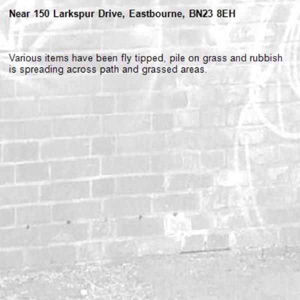 Various items have been fly tipped, pile on grass and rubbish is spreading across path and grassed areas. -150 Larkspur Drive, Eastbourne, BN23 8EH