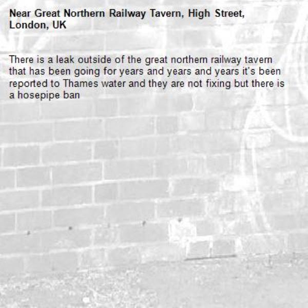 There is a leak outside of the great northern railway tavern that has been going for years and years and years it's been reported to Thames water and they are not fixing but there is a hosepipe ban -Great Northern Railway Tavern, High Street, London, UK
