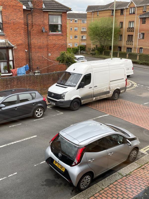 This and other similar vans from a property on The Grove CONSTANTLY parking here and making exiting the road dangerous as it inhibits visibility -4 Lysons Road, Aldershot, GU11 1NB