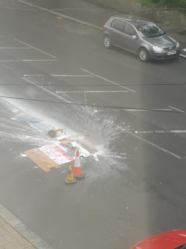 There has been a large paint spill on the road which is causing traffic to go onto the other side of the road to try and avoid the spill. Also parking is being affected. -47a Perry Hill, London, SE6 4LF