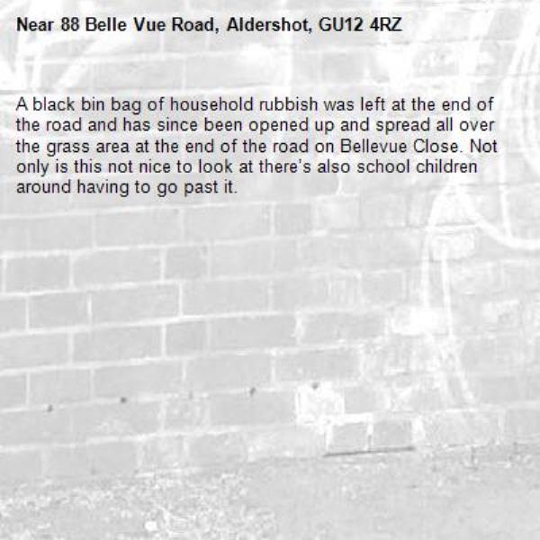 A black bin bag of household rubbish was left at the end of the road and has since been opened up and spread all over the grass area at the end of the road on Bellevue Close. Not only is this not nice to look at there’s also school children around having to go past it. -88 Belle Vue Road, Aldershot, GU12 4RZ