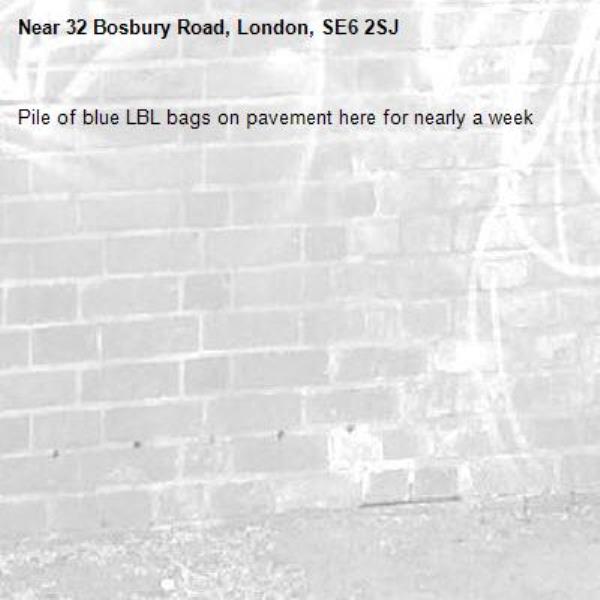Pile of blue LBL bags on pavement here for nearly a week-32 Bosbury Road, London, SE6 2SJ