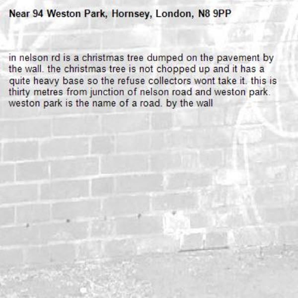 in nelson rd is a christmas tree dumped on the pavement by the wall. the christmas tree is not chopped up and it has a quite heavy base so the refuse collectors wont take it. this is thirty metres from junction of nelson road and weston park. weston park is the name of a road. by the wall-94 Weston Park, Hornsey, London, N8 9PP
