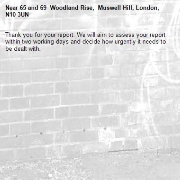 Thank you for your report. We will aim to assess your report within two working days and decide how urgently it needs to be dealt with.-65 and 69  Woodland Rise,  Muswell Hill, London, N10 3UN